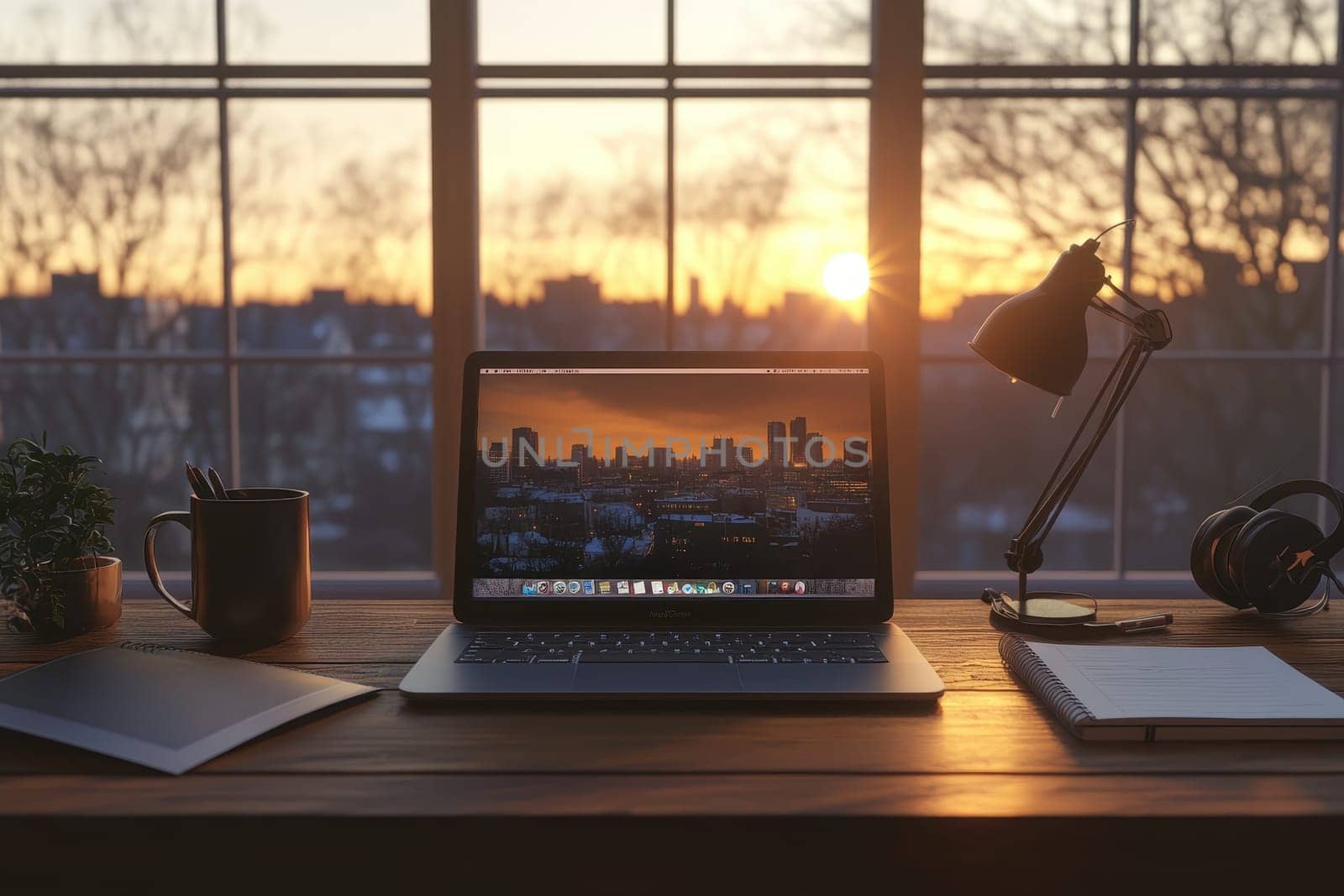 A cozy workspace featuring a laptop on a wooden desk with a beautiful sunset visible through the window, creating a warm and inspiring atmosphere for creativity and productivity.