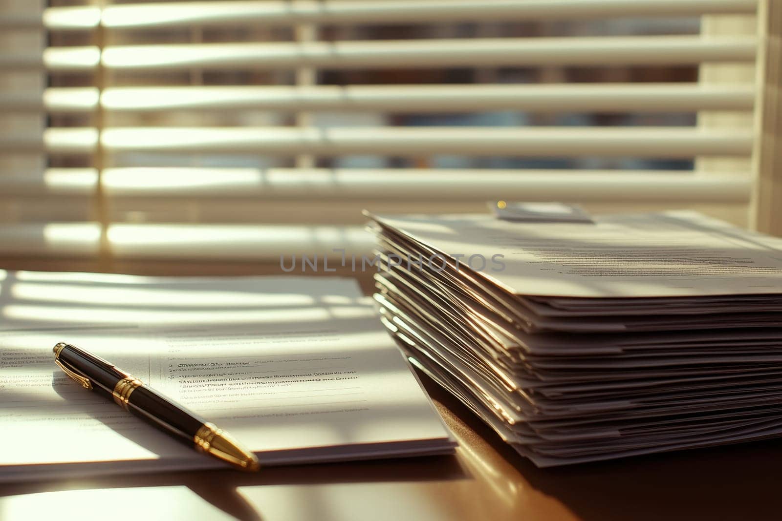 A well-organized stack of documents rests on a table next to a luxurious pen. Soft light filters through window blinds, creating gentle shadows in an office.