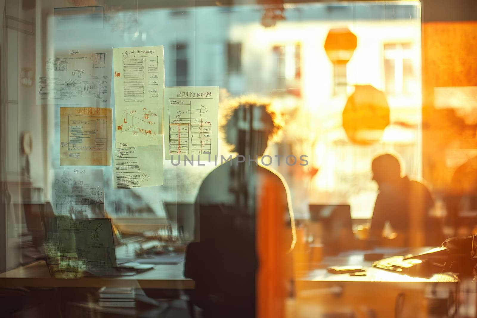 A serene modern office scene featuring silhouettes of people engaged in a meeting, with reflections and sunlight adding warmth to the environment.