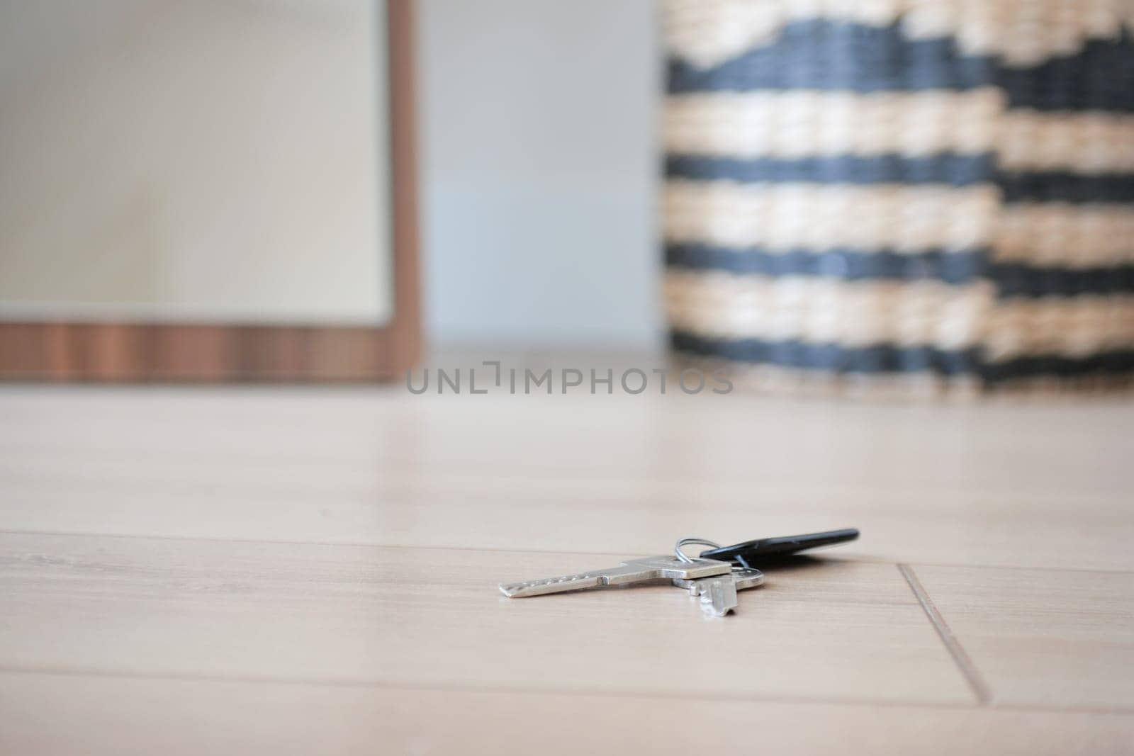 house keys on the ring on table in a room. Bunch of apartment keys. To forget keys at home concept ,