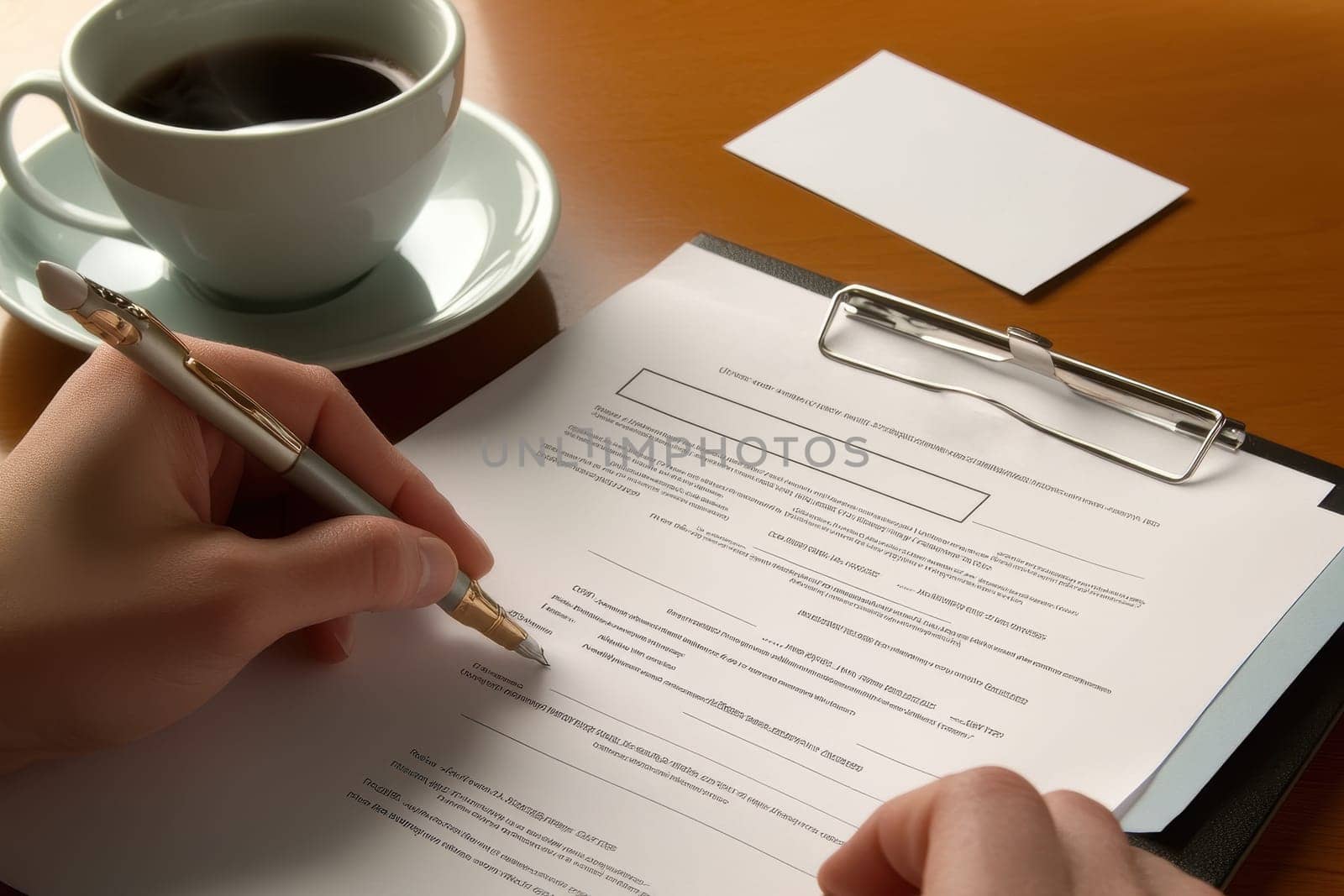 A close-up view of a hand writing on a document with a focused expression. A cup of coffee sits thoughtfully nearby, creating a cozy atmosphere for productivity.