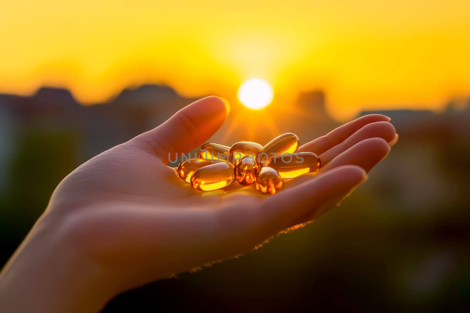 Hand of a woman holding fish oil Omega-3 capsules, urban sunset background. Healthy eating, medicine, health care, food supplements and people concept, morning light --ar 3:2 --v 6.1 Job ID: 4dd5a0ef-4041-4776-9b3c-d91da5e33549