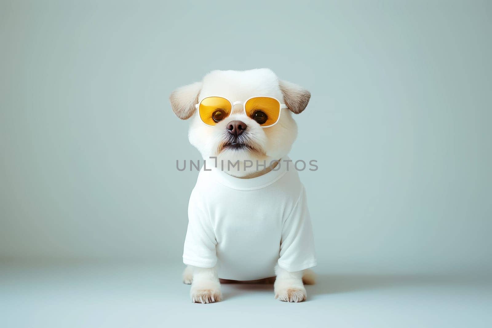 pet dog with glasses wear white shirt for mockup, generative AI.
