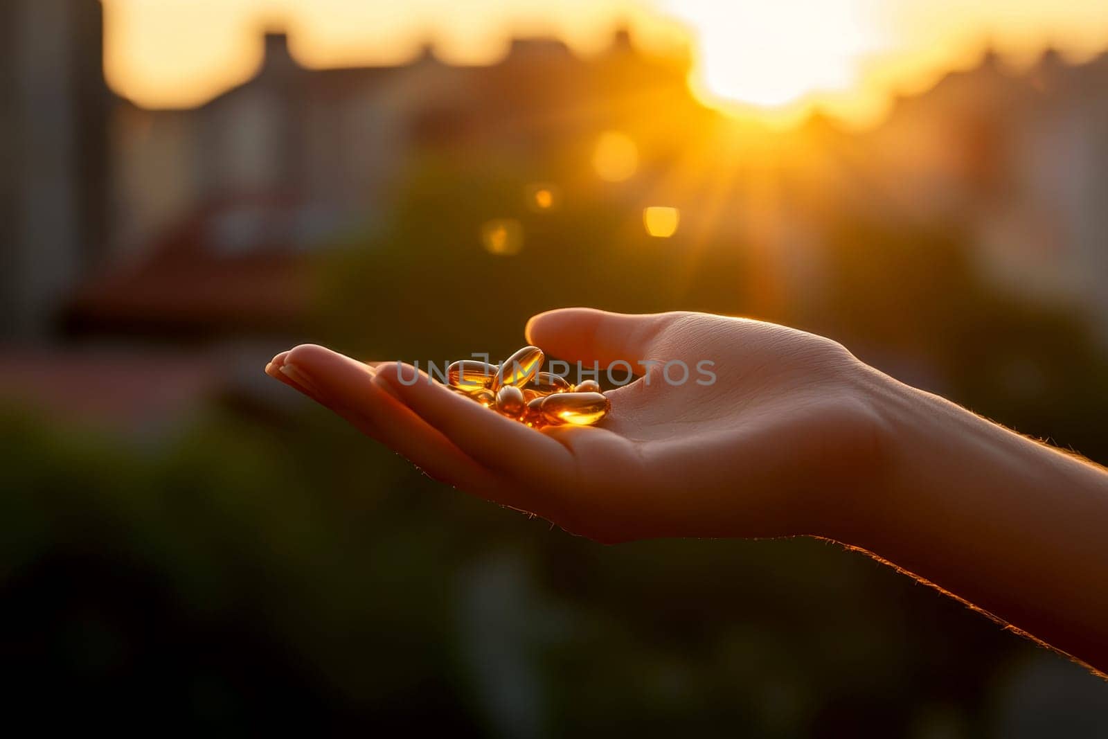 Close-up of hand holding yellow fish oil capsules against a green natural background, glowing in sunlight. Health supplement concept..