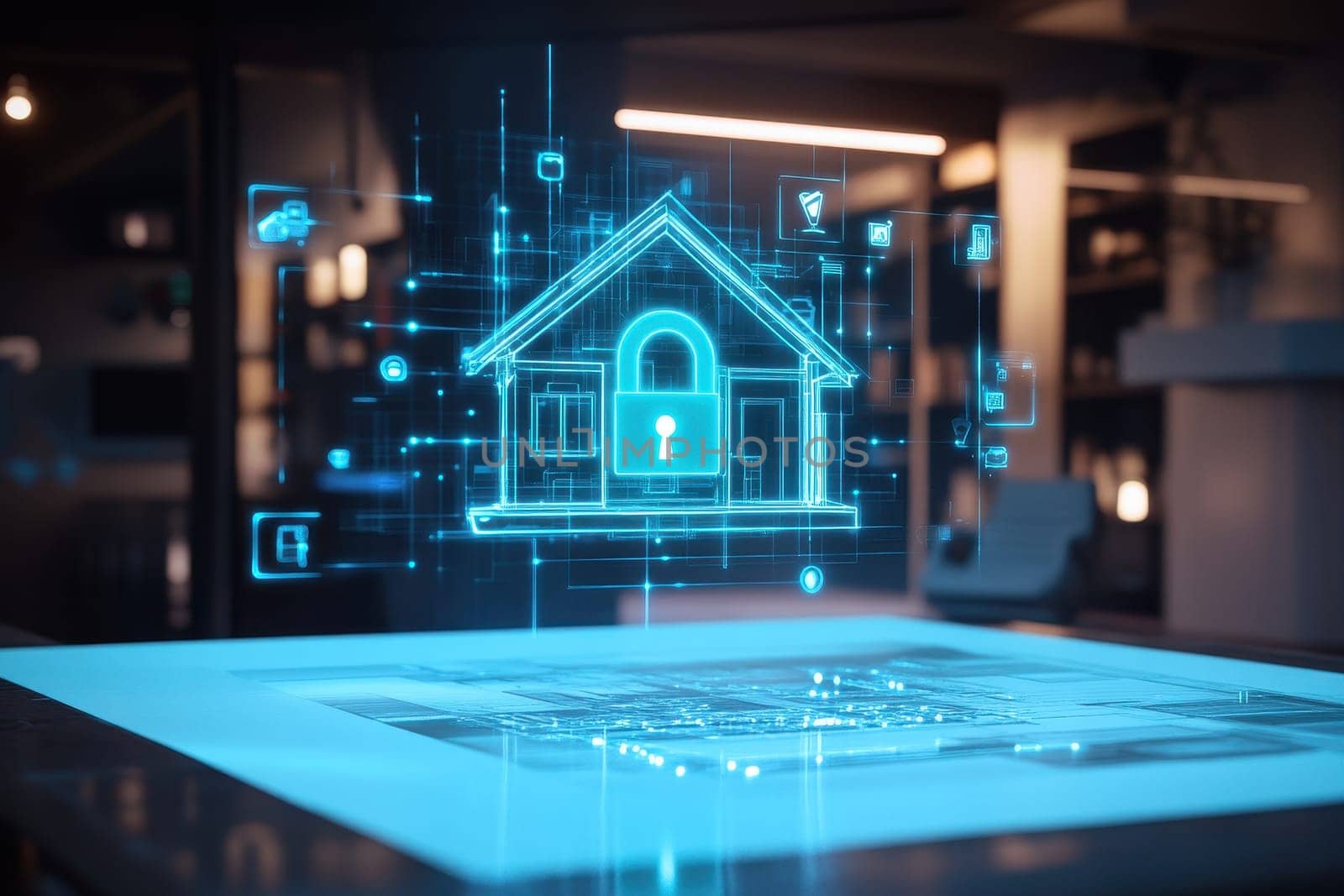 A futuristic digital home security concept features a glowing lock symbol above a virtual model of a house, showcasing modern technology in a stylish interior environment.