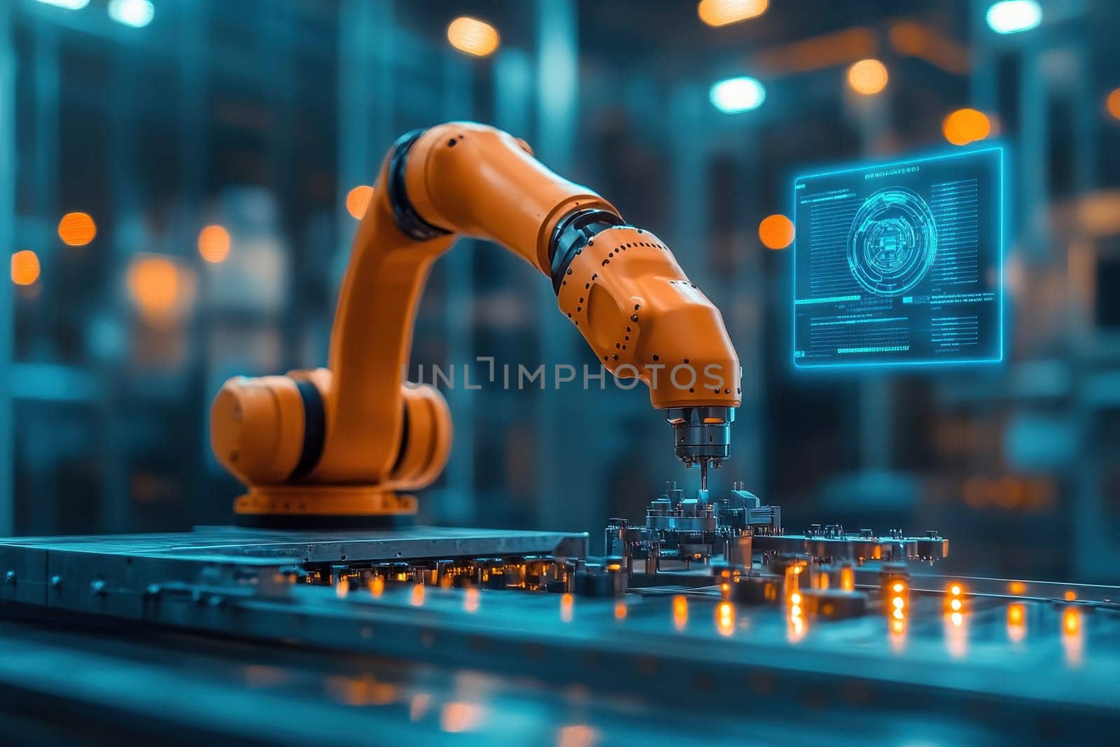 A robotic arm executing precise tasks in a sleek industrial environment, showcasing advanced technology and digital interface for enhanced automation and manufacturing efficiency.
