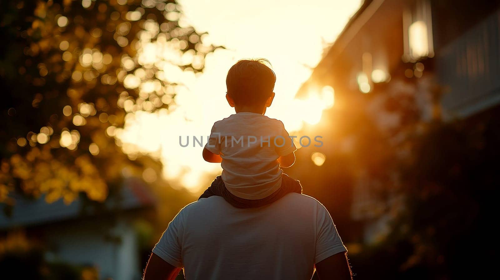 The son is sitting on the father's shoulders and they are looking on the sunset in the field..