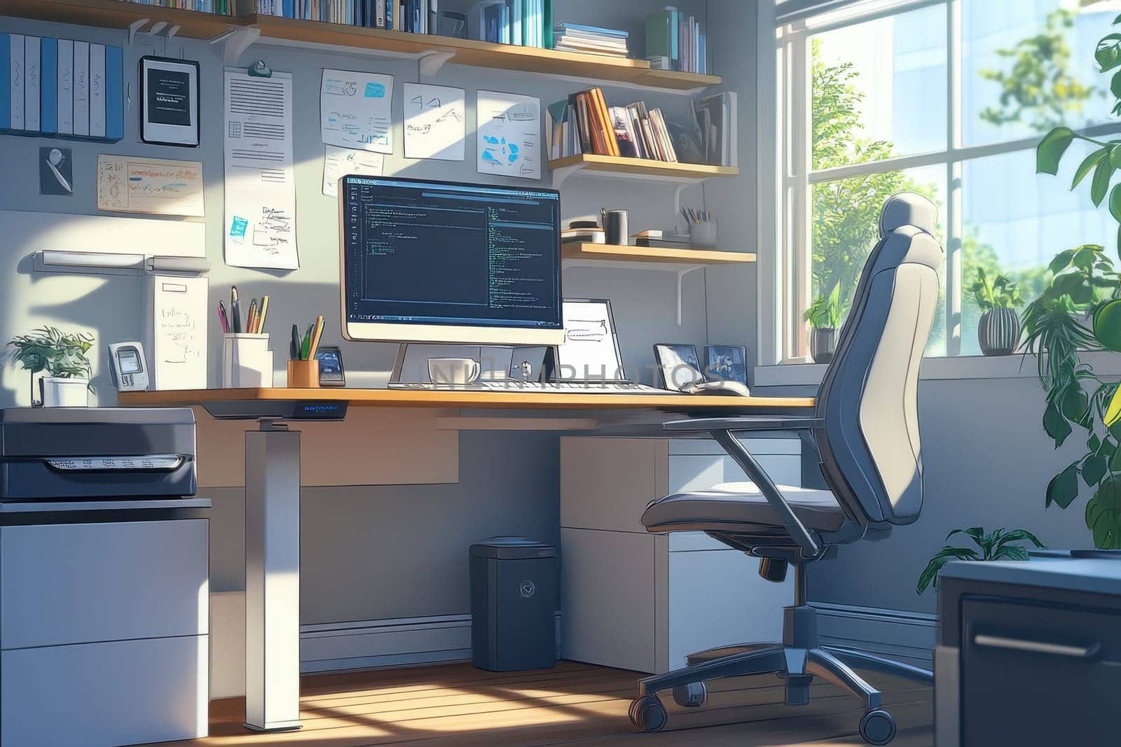 A beautifully arranged modern home office featuring a sleek desk with a computer and ample natural light. The space is inviting and organized, promoting creativity.