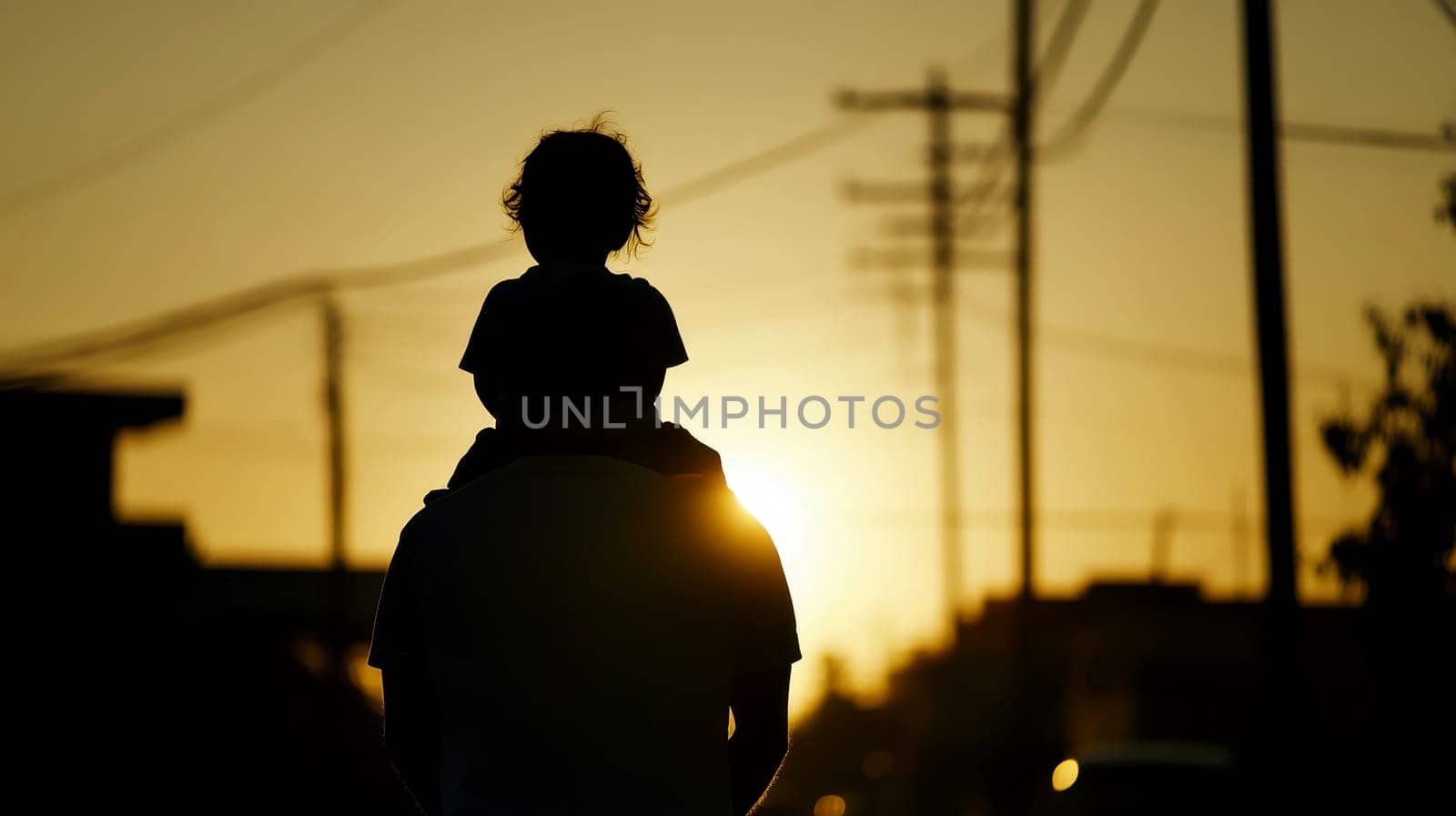 The son is sitting on the father's shoulders and they are looking on the sunset in the field..