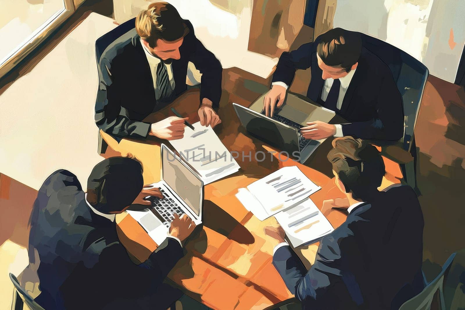 A group of professionals engaged in a dynamic business meeting, brainstorming ideas and analyzing documents in a modern office setting, showcasing collaboration.