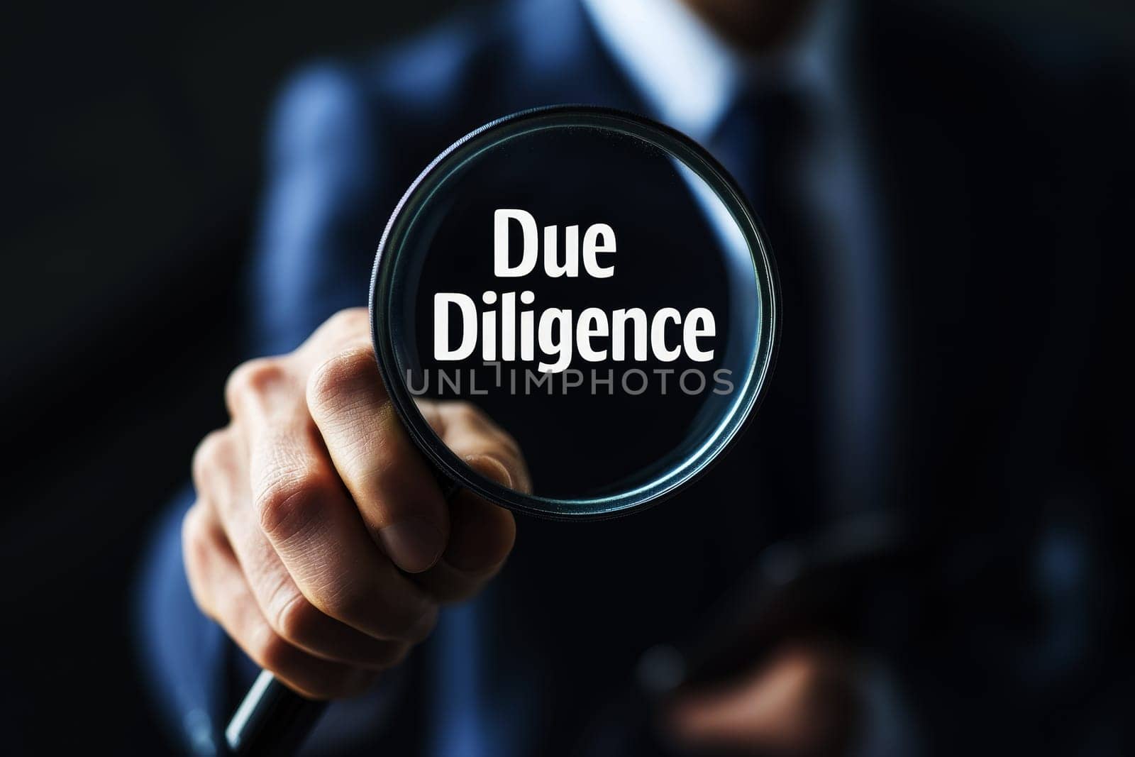 Due diligence concept, Businessman holding a magnifying glass with due diligence icon on virtual screen..