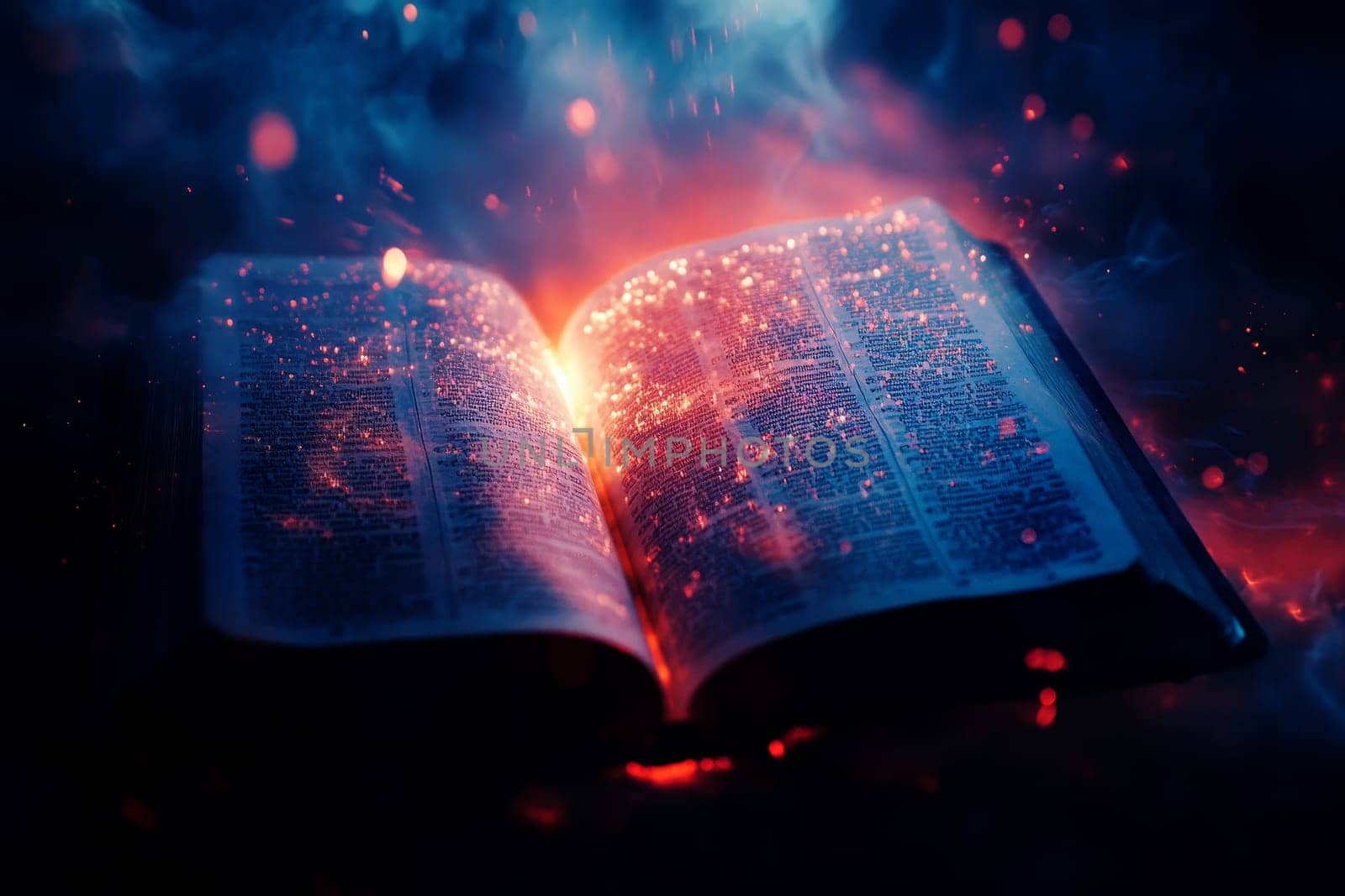 An open Bible with rays of light coming out of it. Generative AI..