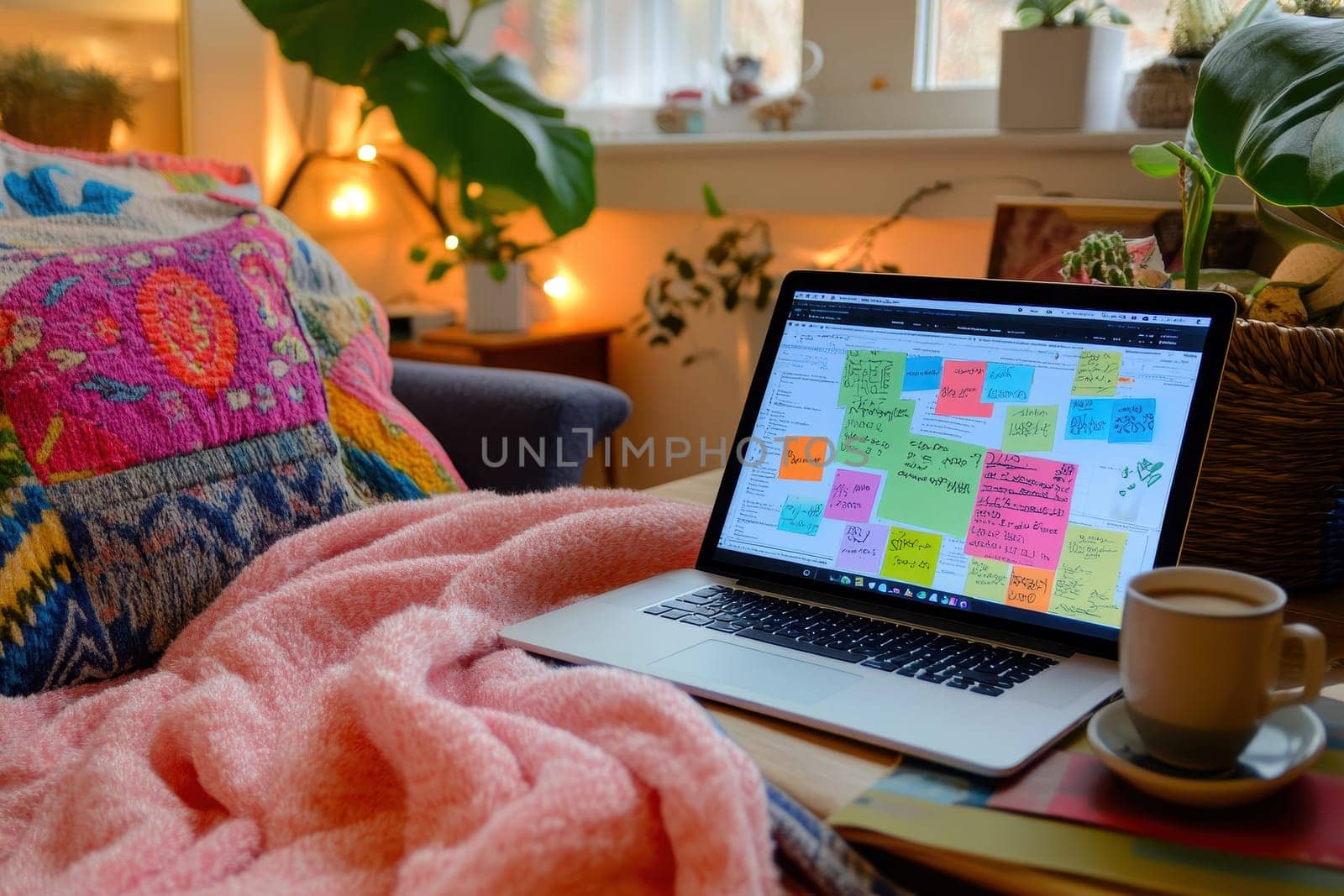 A cozy home office scene featuring a laptop surrounded by colorful sticky notes, a pink blanket, and a cup of tea, creating a warm and inviting workspace.