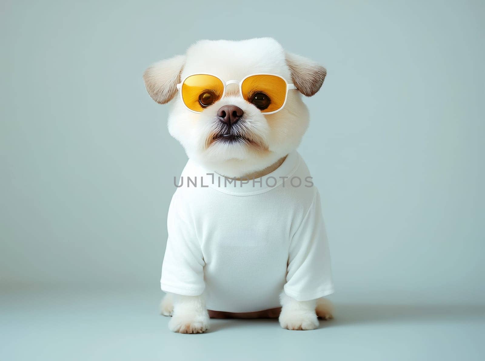 pet dog with glasses wear white shirt for mockup, generative AI.