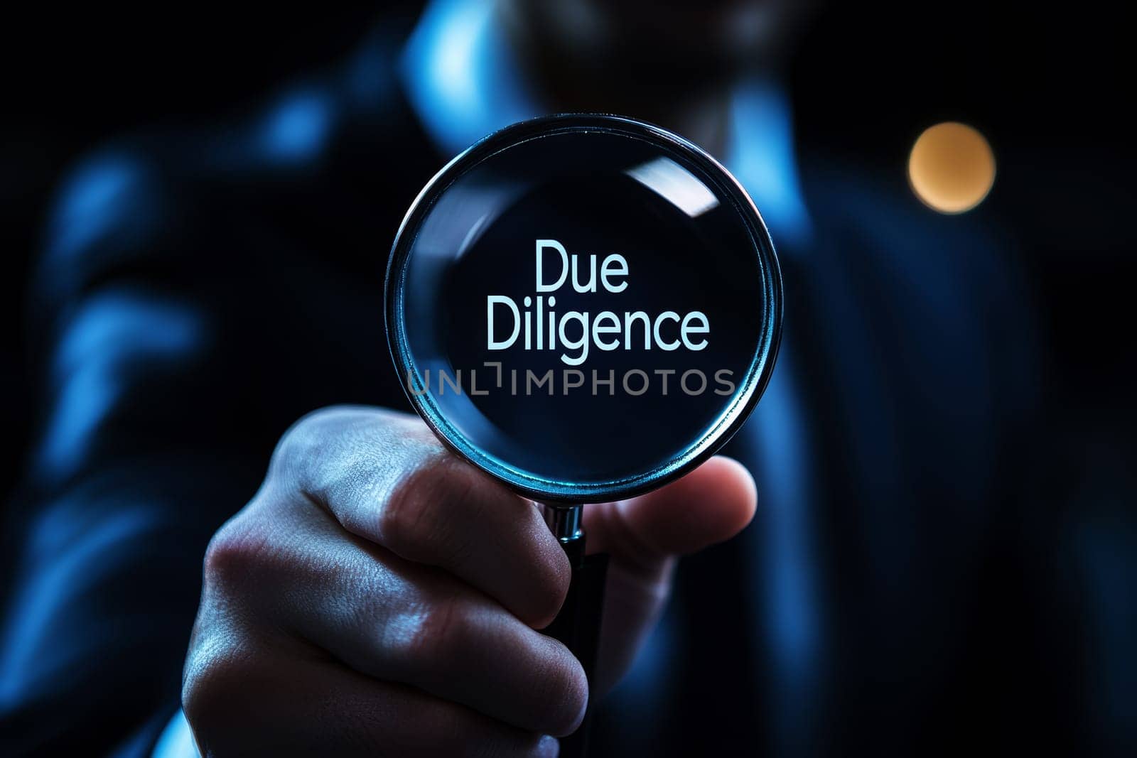 Due diligence concept, Businessman holding a magnifying glass with due diligence icon on virtual screen..