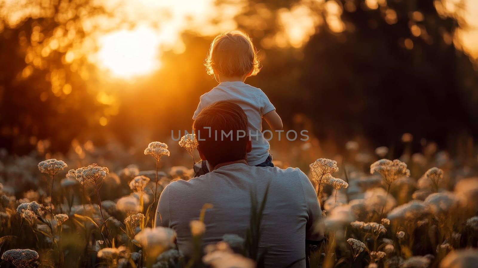 The son is sitting on the father's shoulders and they are looking on the sunset in the field..
