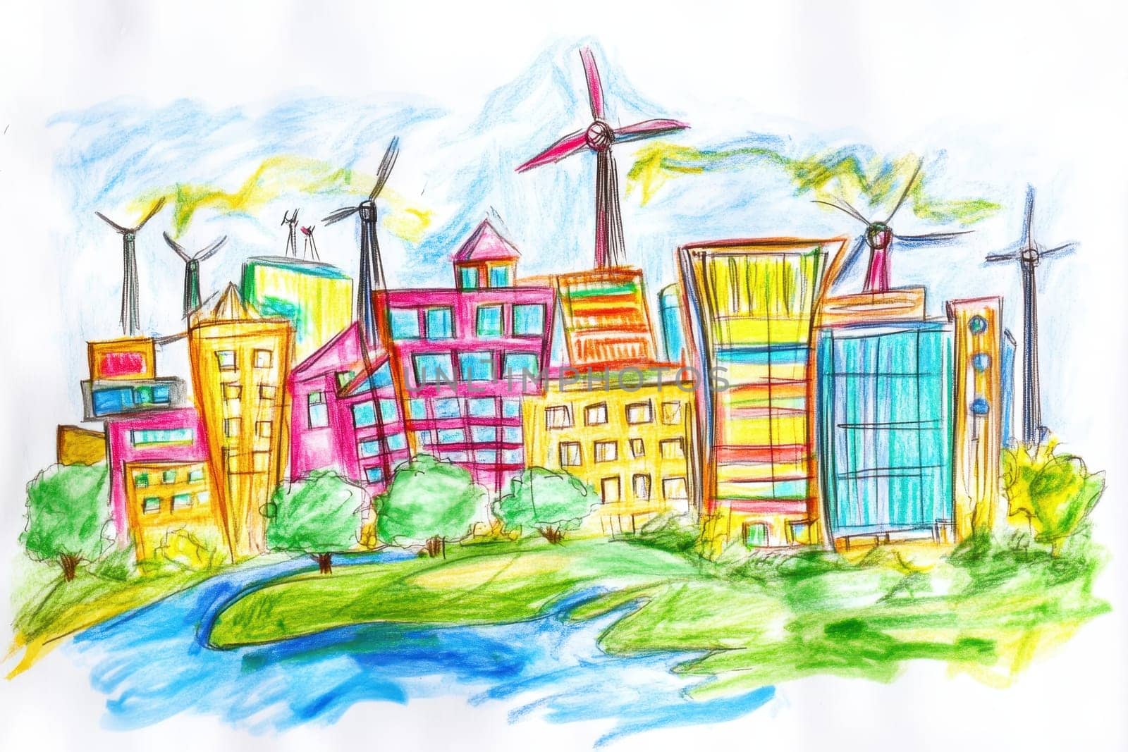 A colorful hand-drawn urban landscape featuring various buildings, wind turbines, and green spaces, highlighting sustainability and modern design in an eco-friendly setting.