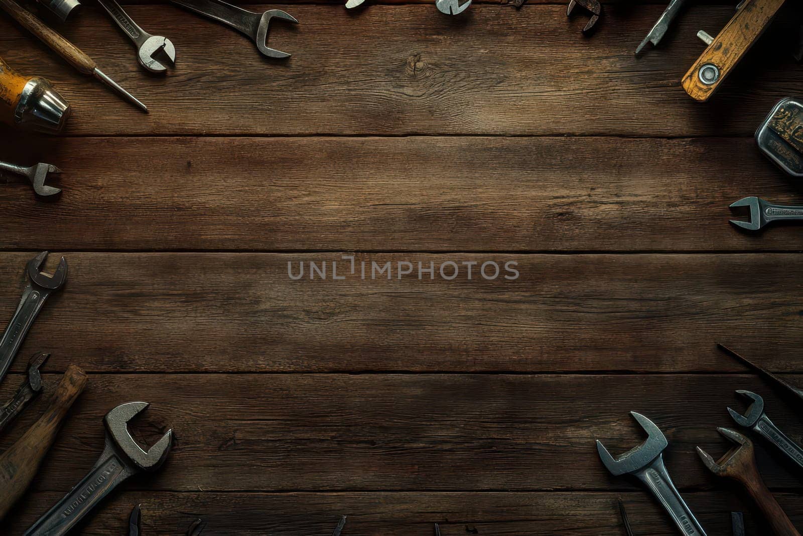 A collection of various tools and wrenches arranged on a wooden table, creating a perfect backdrop for text or design elements. Ideal for craft and repair themes.