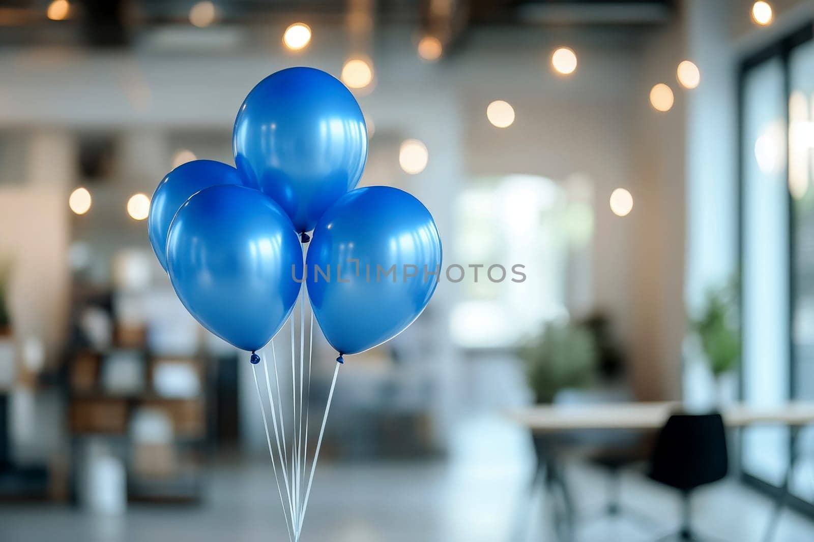 Abstract background featuring a blurred office interior decorated with blue balloons. blue Monday concept..