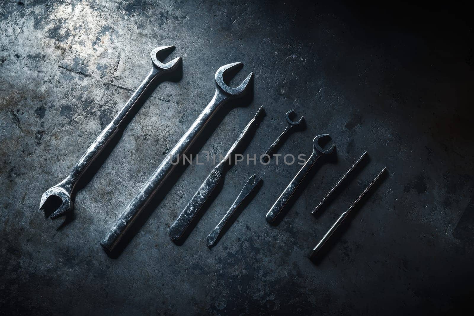 An artistic arrangement of various metal wrenches displayed on a dark textured background, showcasing their unique forms and surfaces, ideal for mechanical themes.