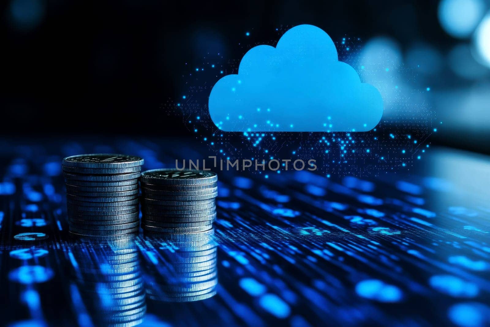 Stacks of coins with a cloud icon symbolize cloud financial planning, highlighting cost management and budgeting in cloud computing..