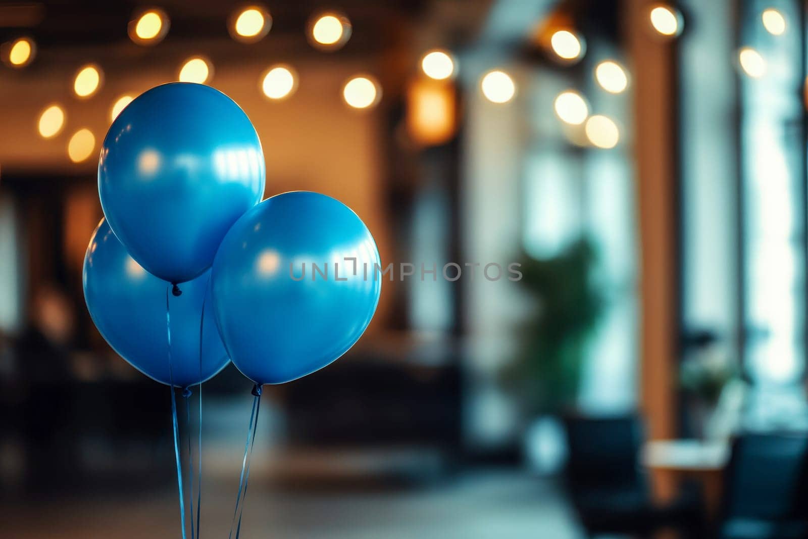 Abstract background featuring a blurred office interior decorated with blue balloons. blue Monday concept..