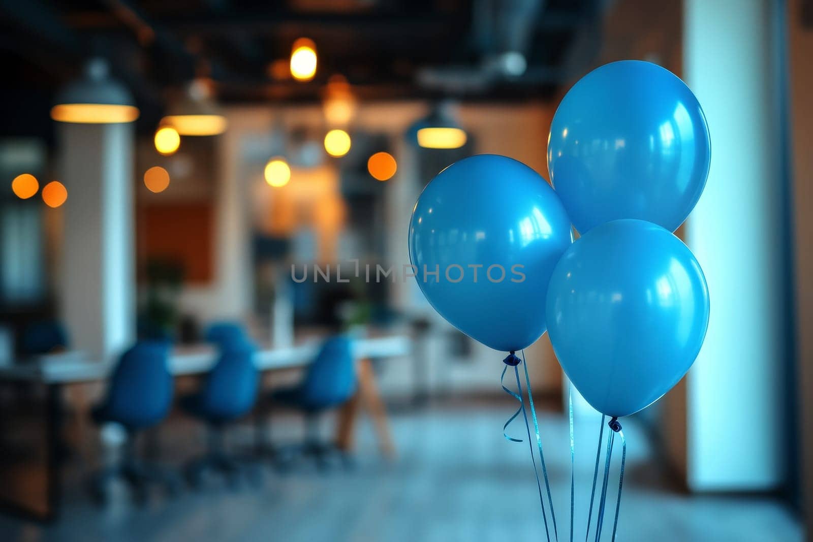 Abstract background featuring a blurred office interior decorated with blue balloons. blue Monday concept..