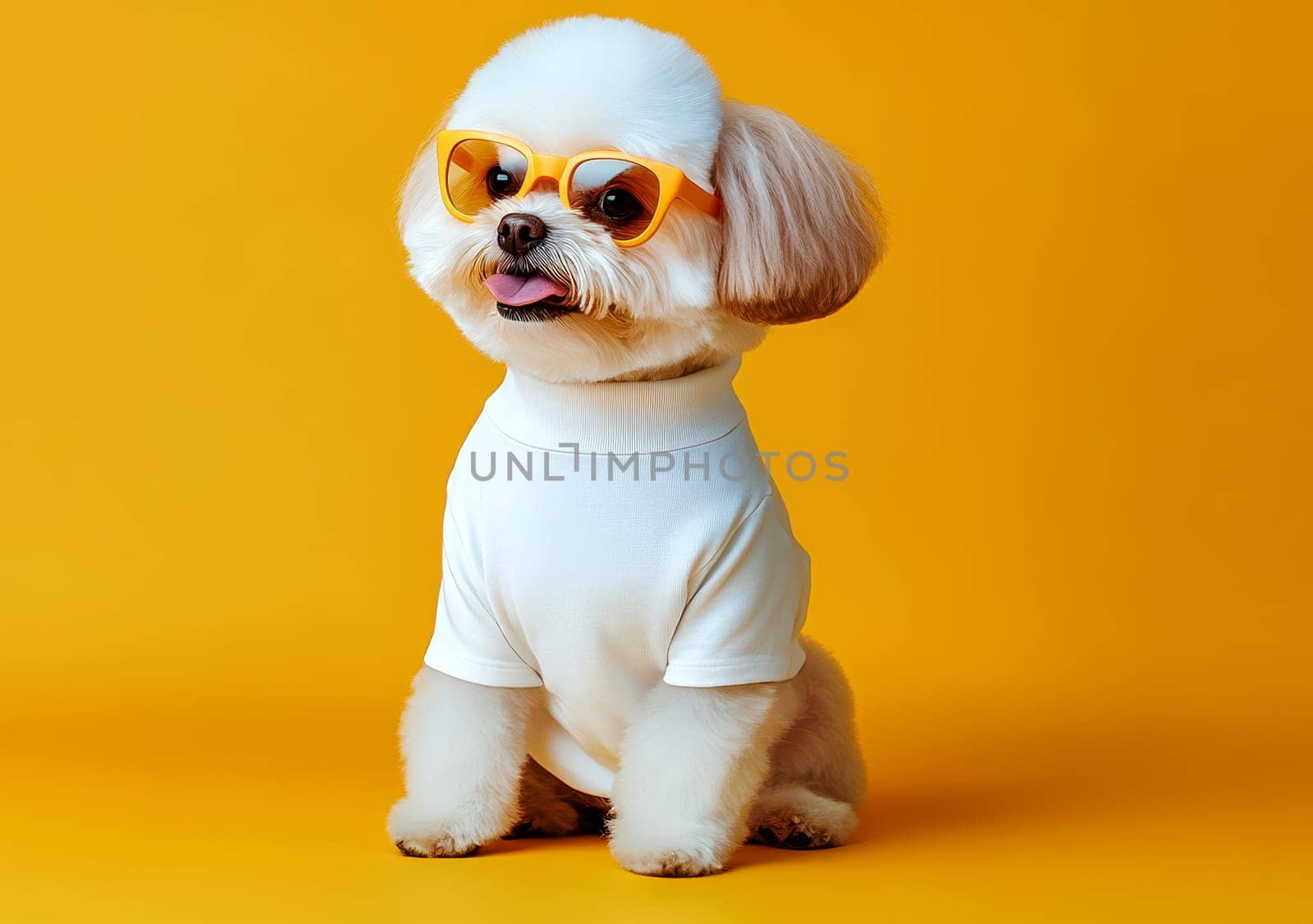pet dog with glasses wear white shirt for mockup, generative AI.