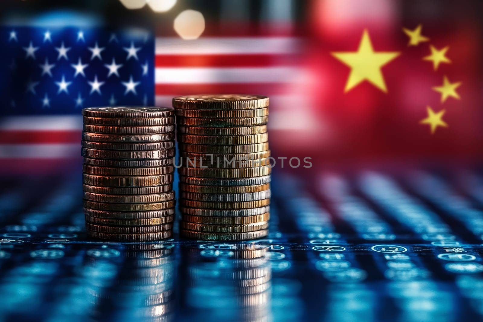 Stacks of coins with a cloud icon symbolize cloud with USA and China flag background. financial planning, highlighting cost management and budgeting in cloud computing..