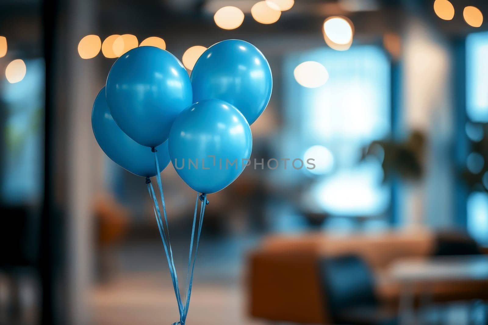 Abstract background featuring a blurred office interior decorated with blue balloons. blue Monday concept..
