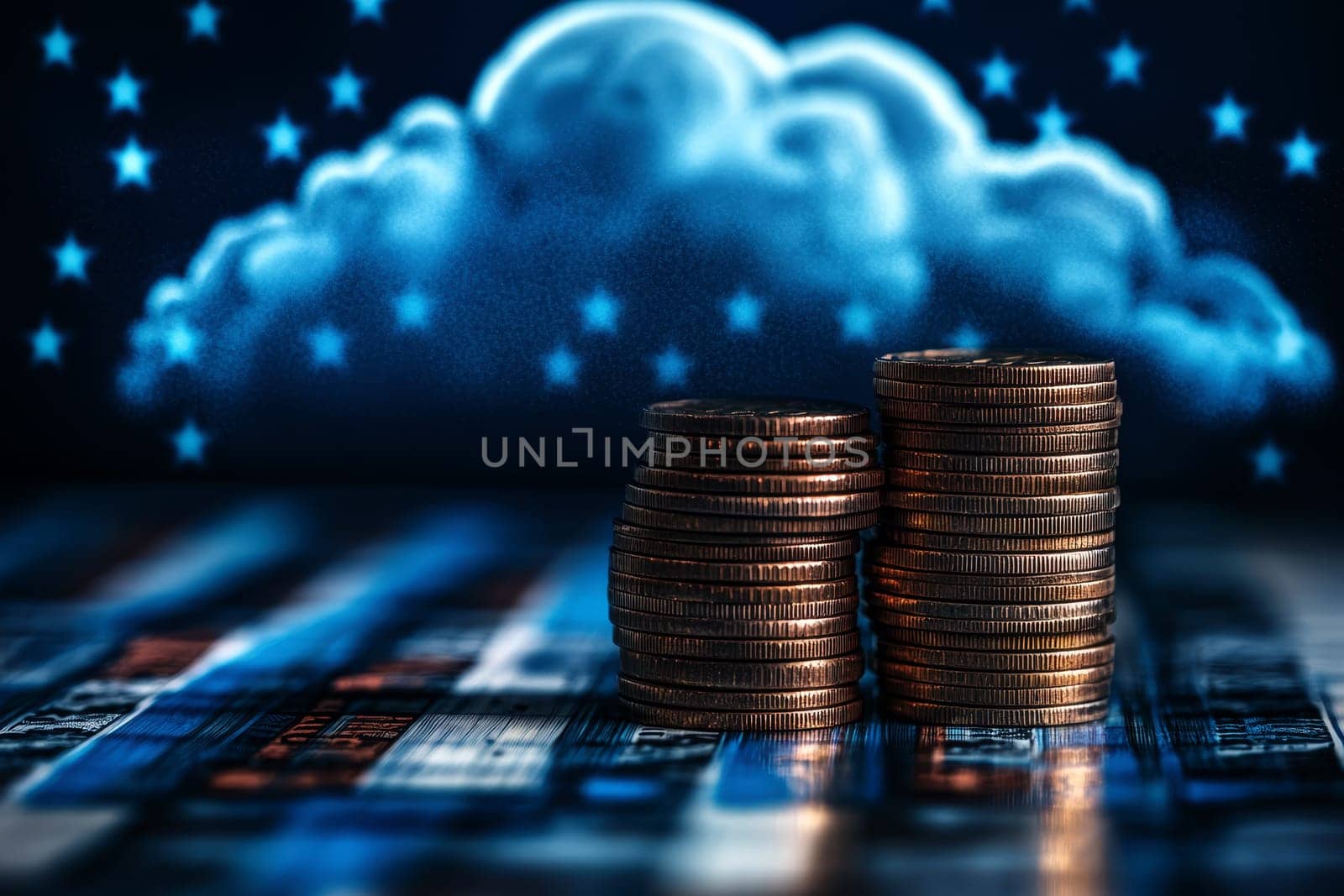 Stacks of coins with a cloud icon symbolize cloud financial planning, highlighting cost management and budgeting in cloud computing..