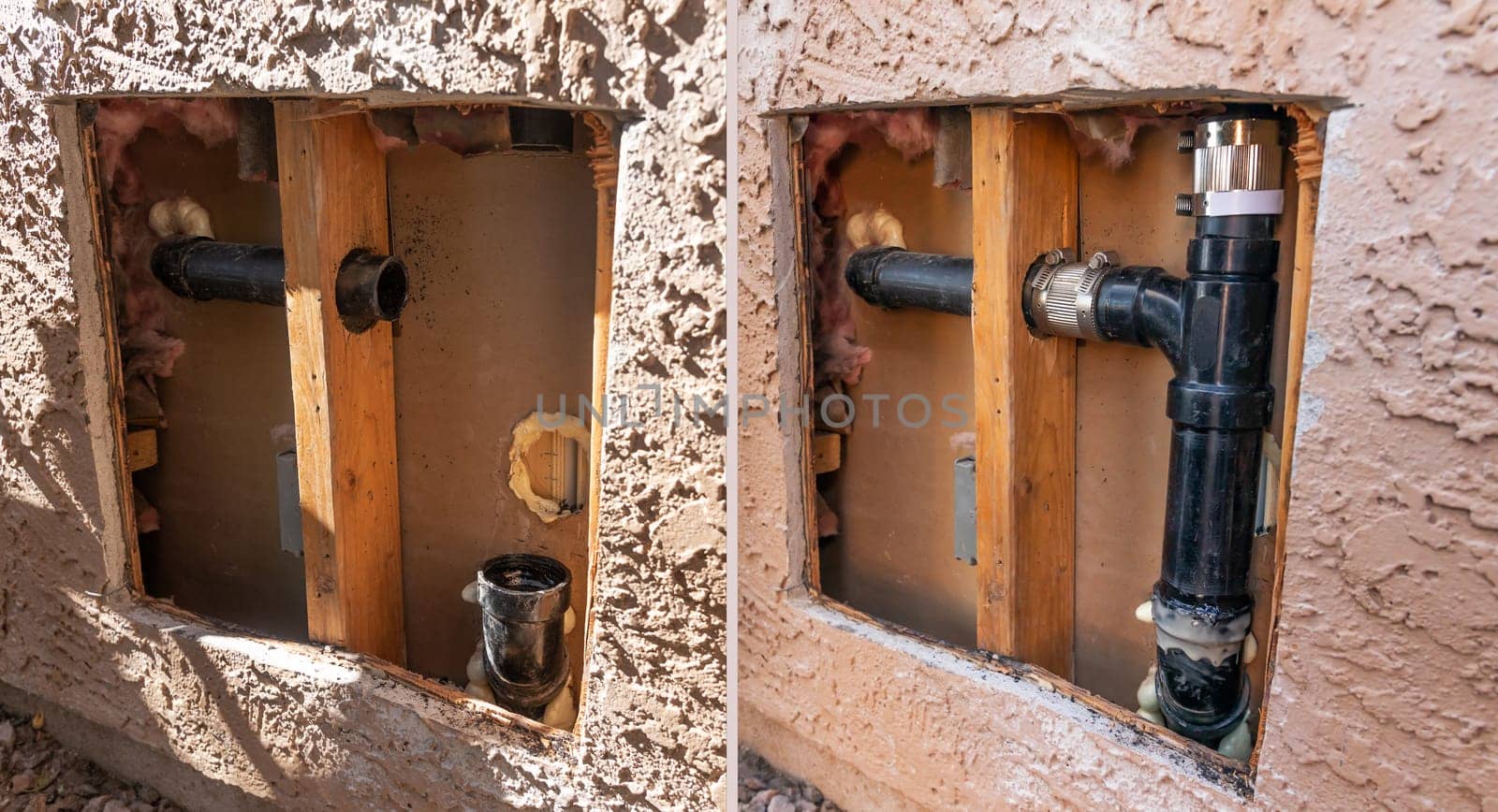 Before and After Plumbing Repair Service. Cut Out External Wall of House with Fixed, Replaced Pipe. Repairing Water Supply. Nobody. Construction. Horizontal Plane. Maintenance of Leakage. High quality