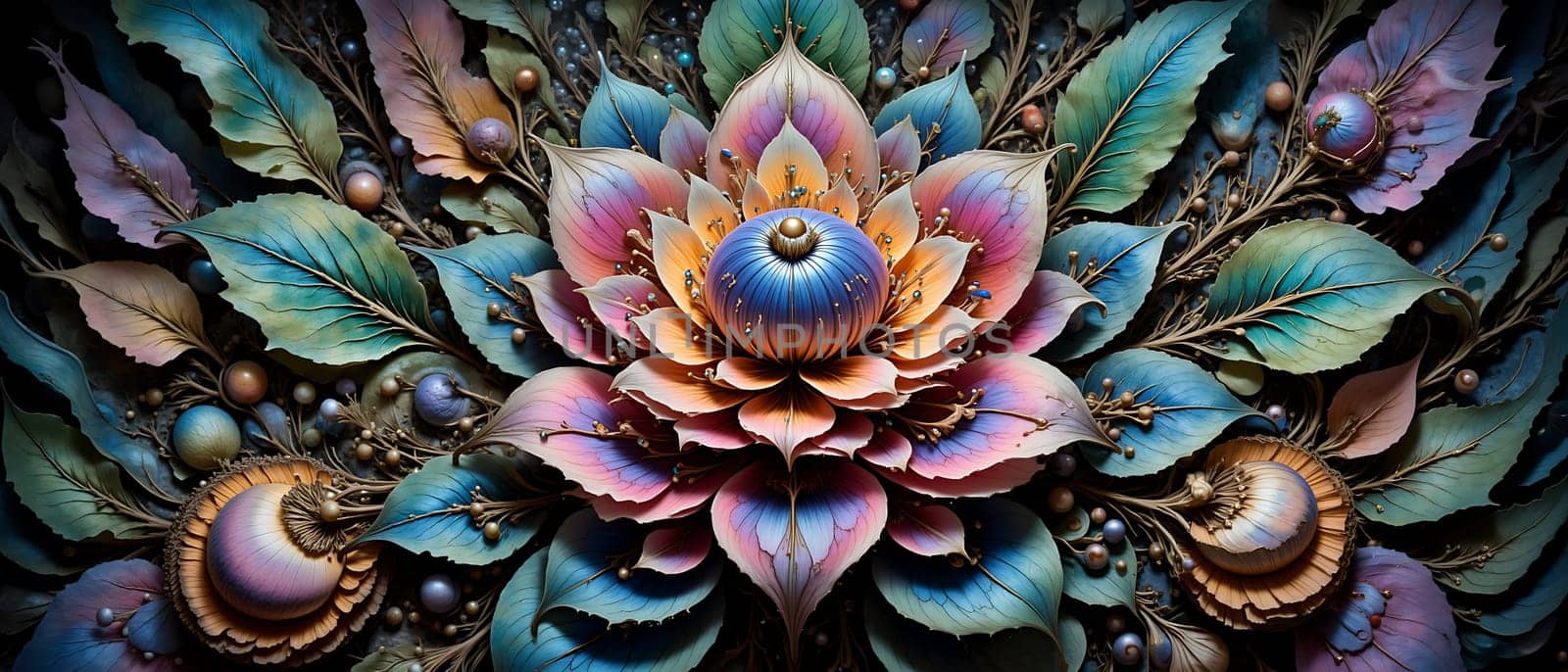 A colorful flower with a blue center. The flower is surrounded by a lot of small, colorful beads