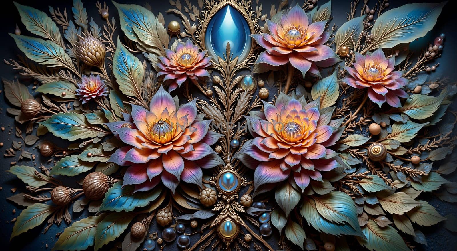A colorful flower with a blue center. The flower is surrounded by a lot of small, colorful beads