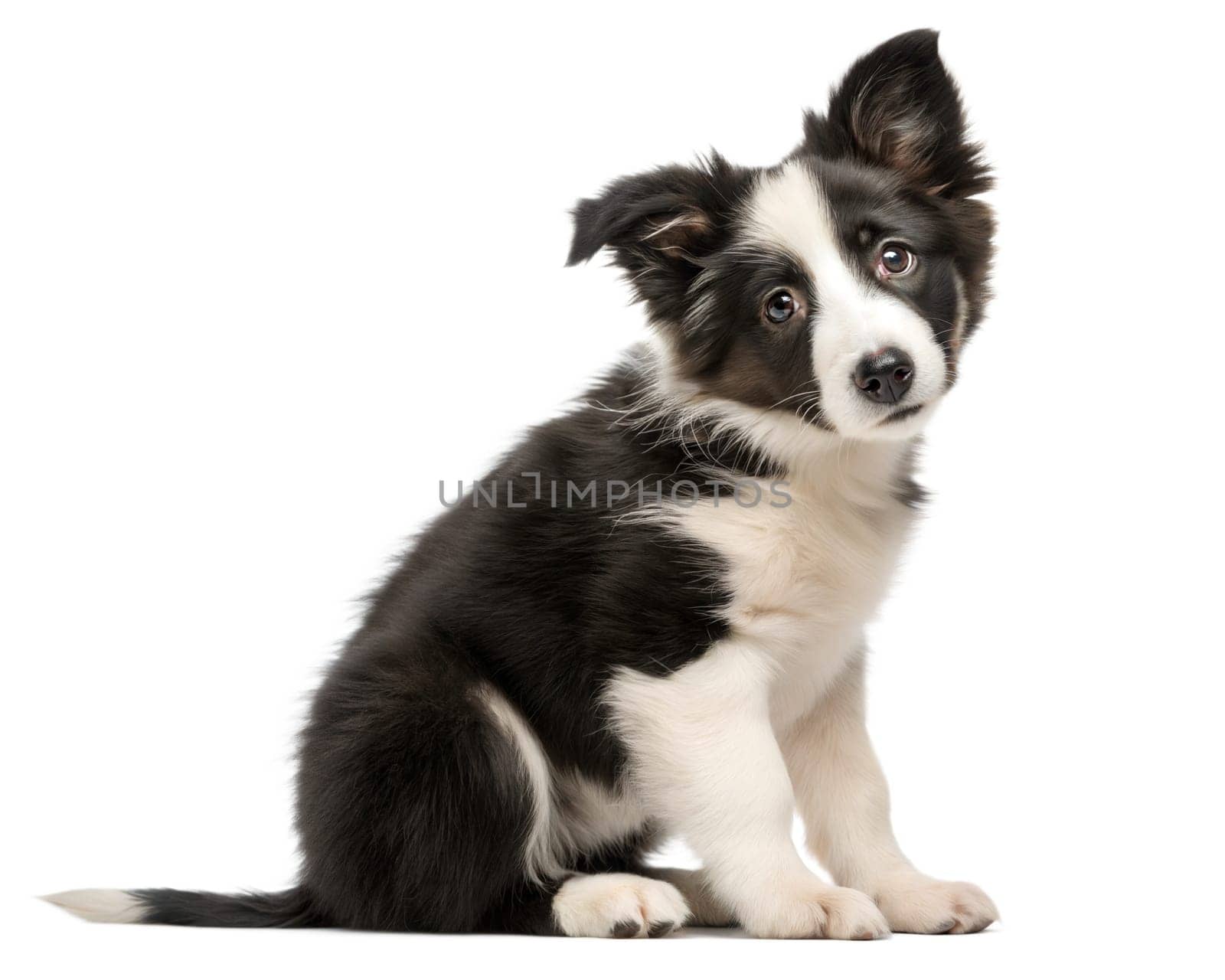 Black and white border collie puppy isolated on white background. Border collie puppy sitting and looking at camera on white background. ai generated image