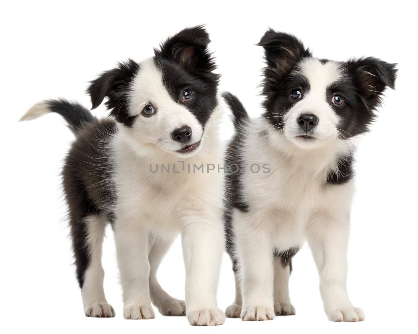Black and white border collie puppies isolated on white background. Two Border collie puppies standing and looking at camera on white background. ai generated image