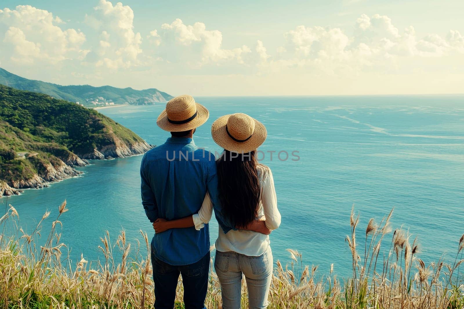 young couple of travelers on a hill with stunning views to scenic sea vacation..