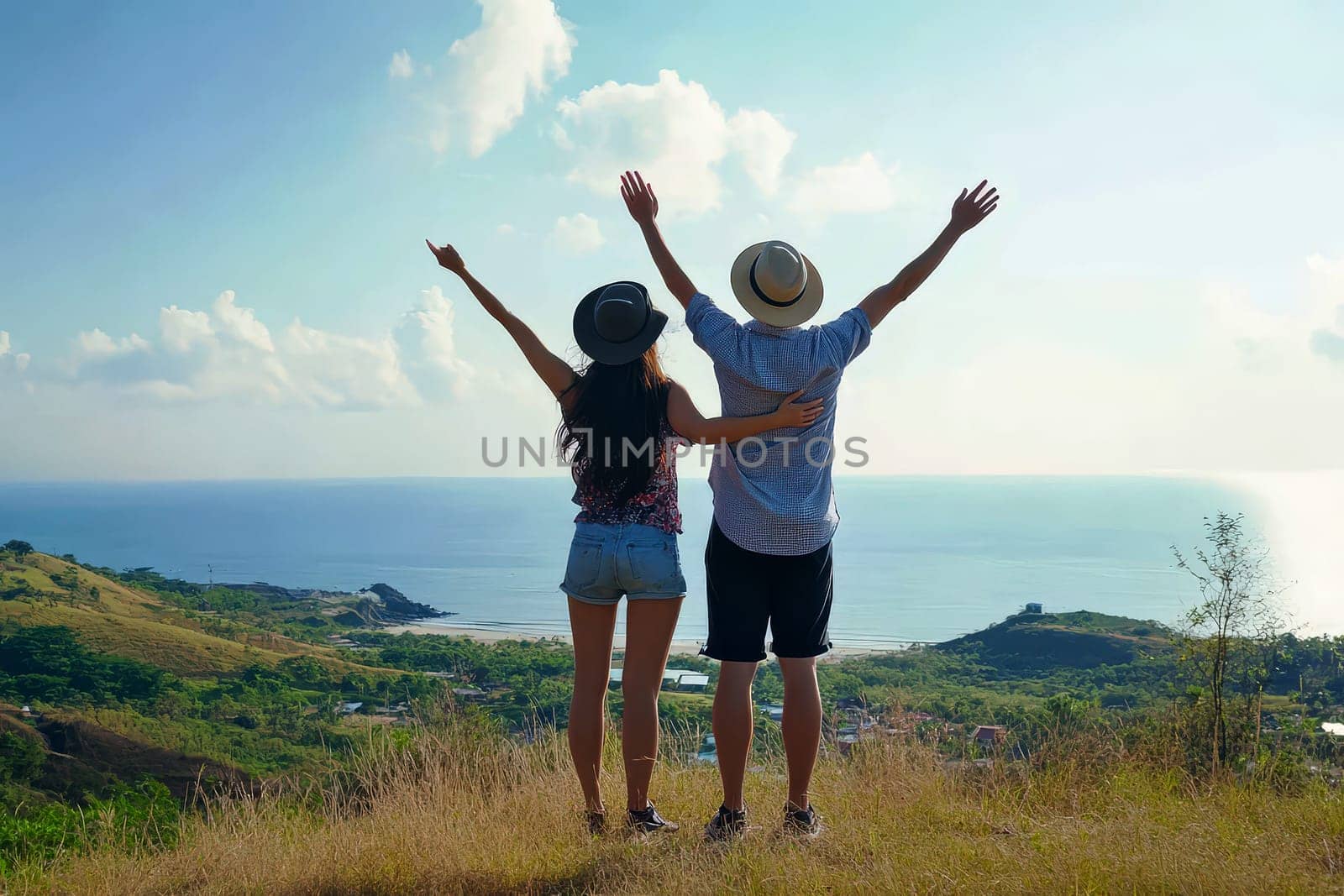 young couple of travelers on a hill with stunning views to scenic sea vacation..