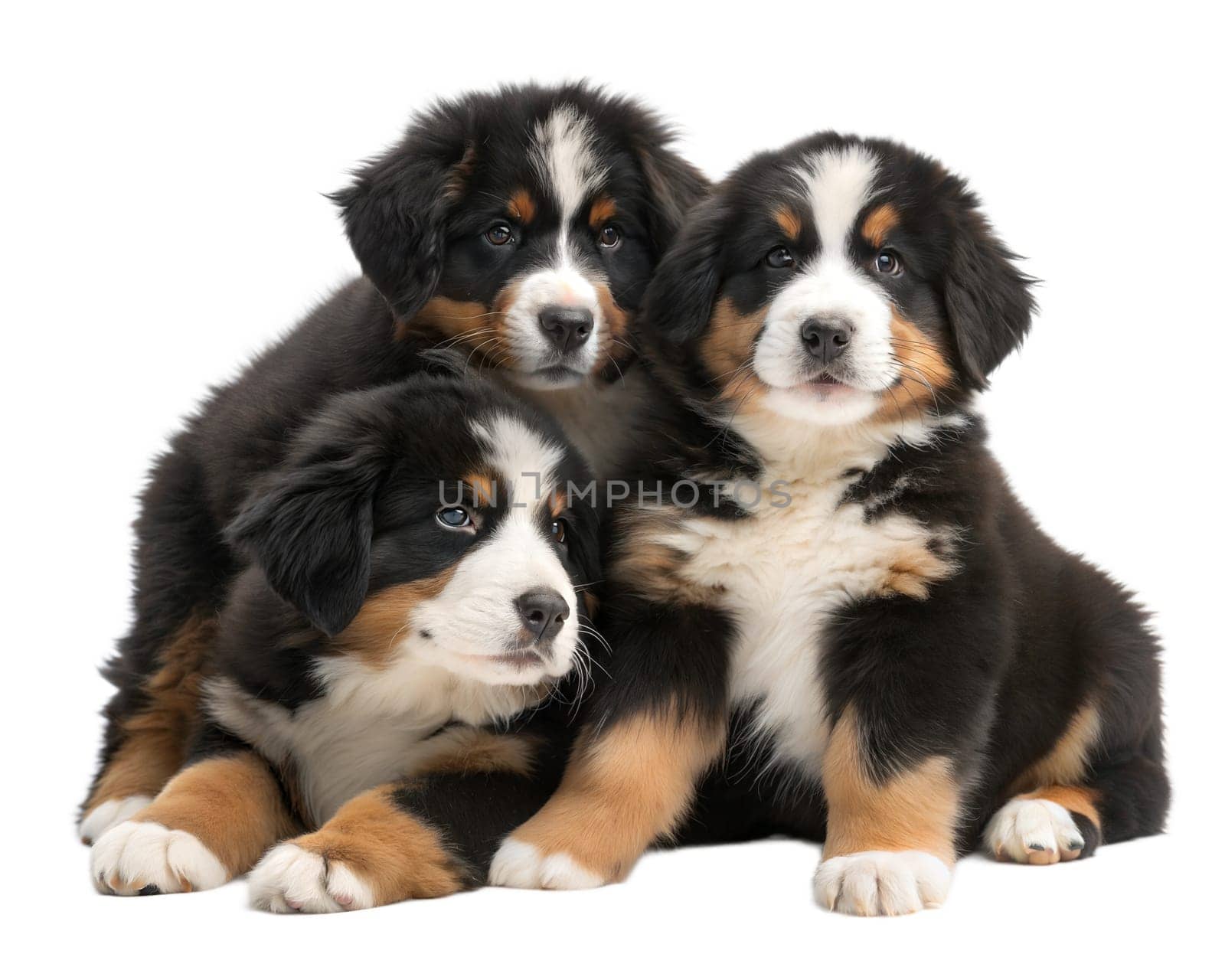 Three Bernese mountain shepherd puppies sitting and looking at camera isolated on white background. Ai generated