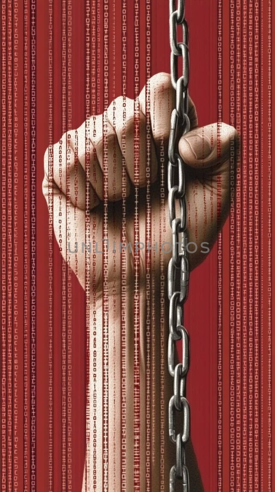 Hand is clutching a chain against a background of falling binary code, symbolizing the struggle for freedom and control in the digital age