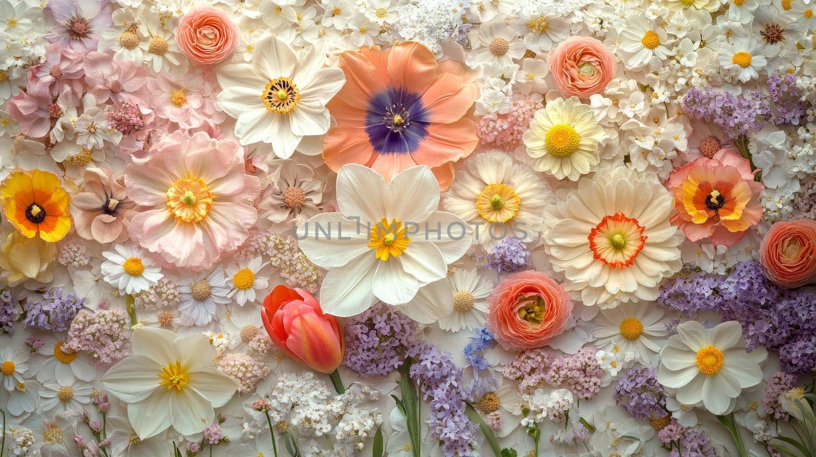 Spring Flower Flat Lay Colorful Daffodils, Tulips, Daisies, and Chamomile in Soft Pastel Colors