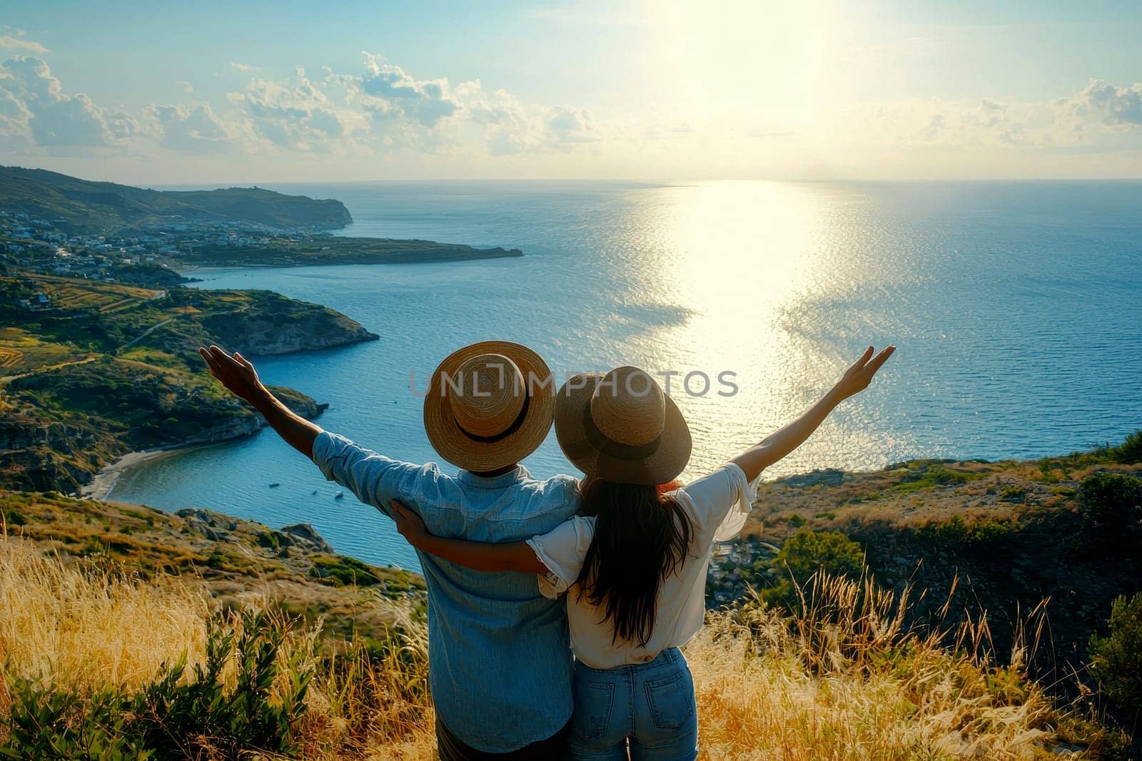 young couple of travelers on a hill with stunning views to scenic sea vacation..