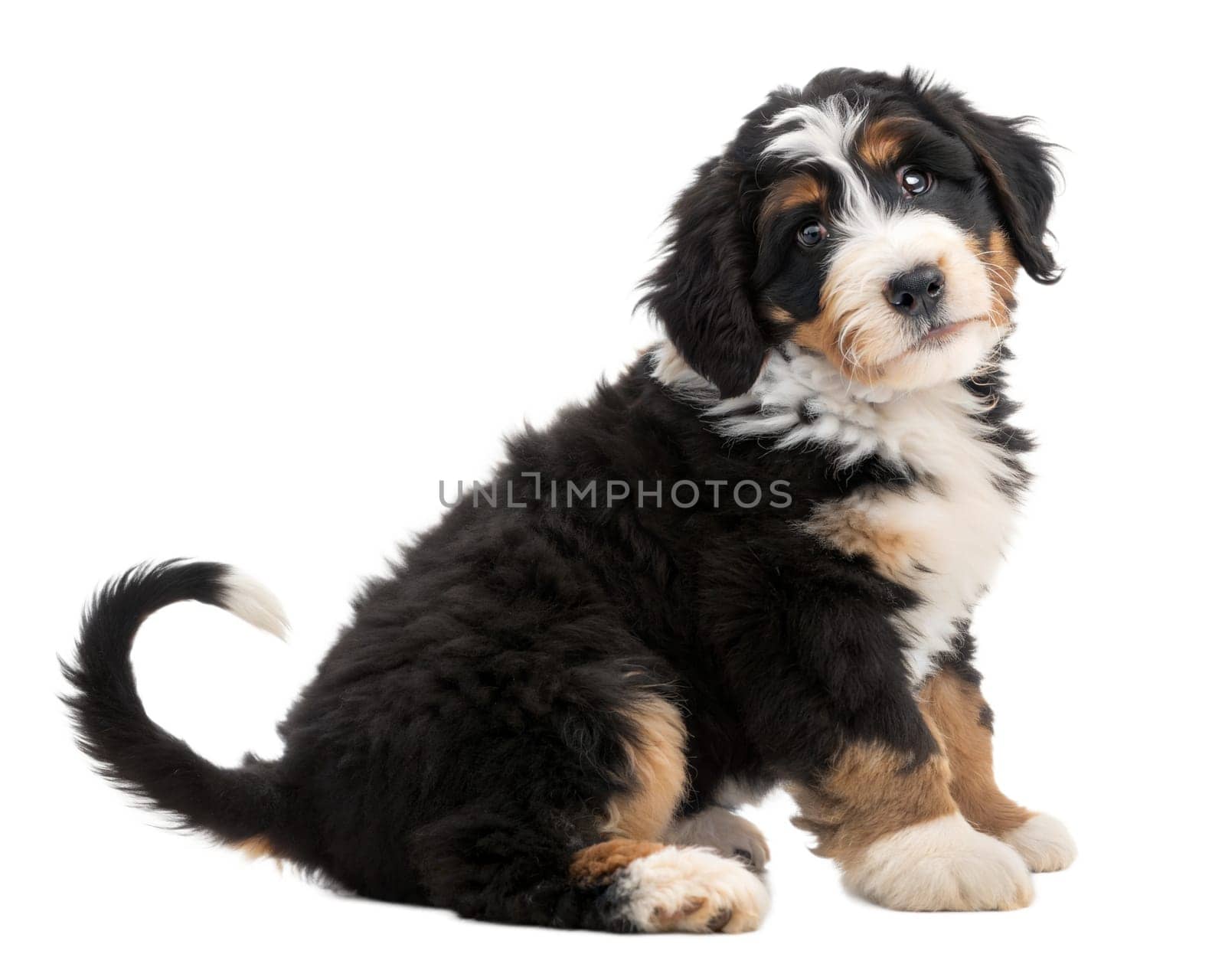 Bernedoodle puppy isolated on white background. Bernedoodle puppy sitting and looking at camera on white background. ai generated image