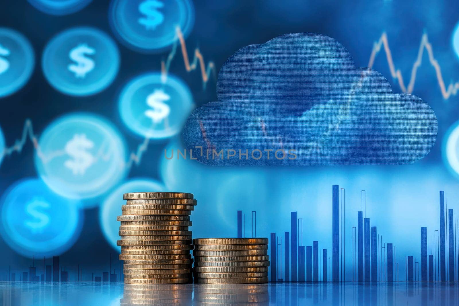 Stacks of coins with a cloud icon symbolize cloud financial planning, highlighting cost management and budgeting in cloud computing..