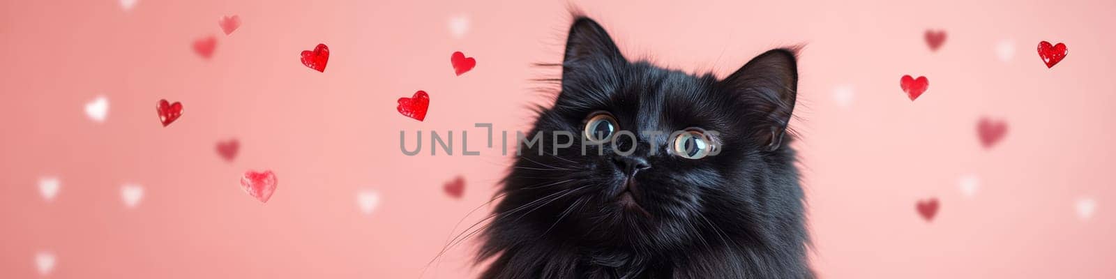 Portrait of a Fluffy Black Cat Surrounded by Red Crystal Hearts on a Pink Bokeh Background