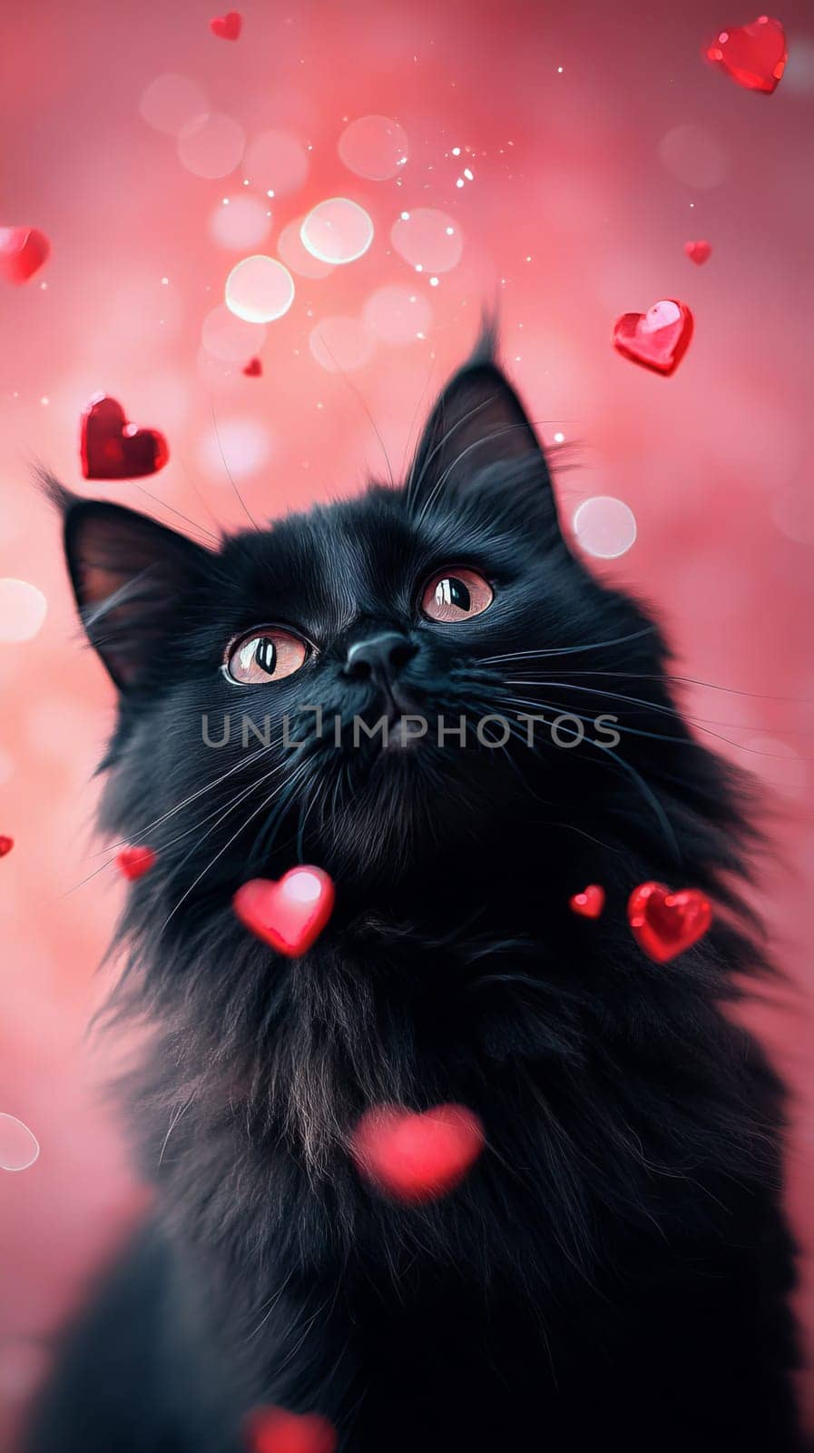 Fluffy Black Cat with Piercing Gaze Surrounded by Floating Hearts on a Pink Background
