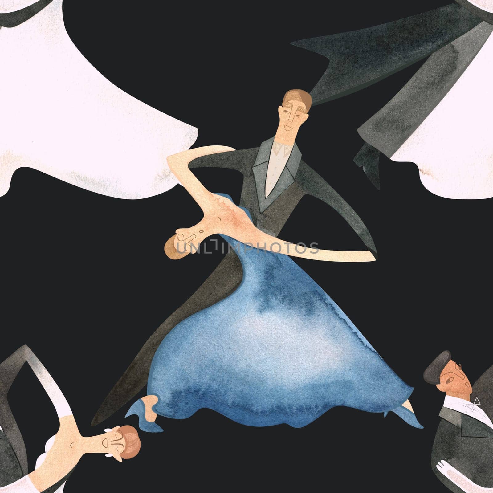Ballroom dancing, standard. Adult couples on the parquet. Isolated watercolor illustration. Seamless pattern. Black background.
