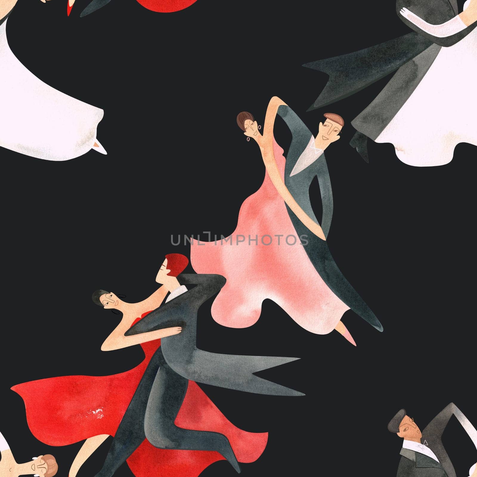 Ballroom dancing, standard. Adult couples on the parquet. Isolated watercolor illustration. Seamless pattern. Black background.