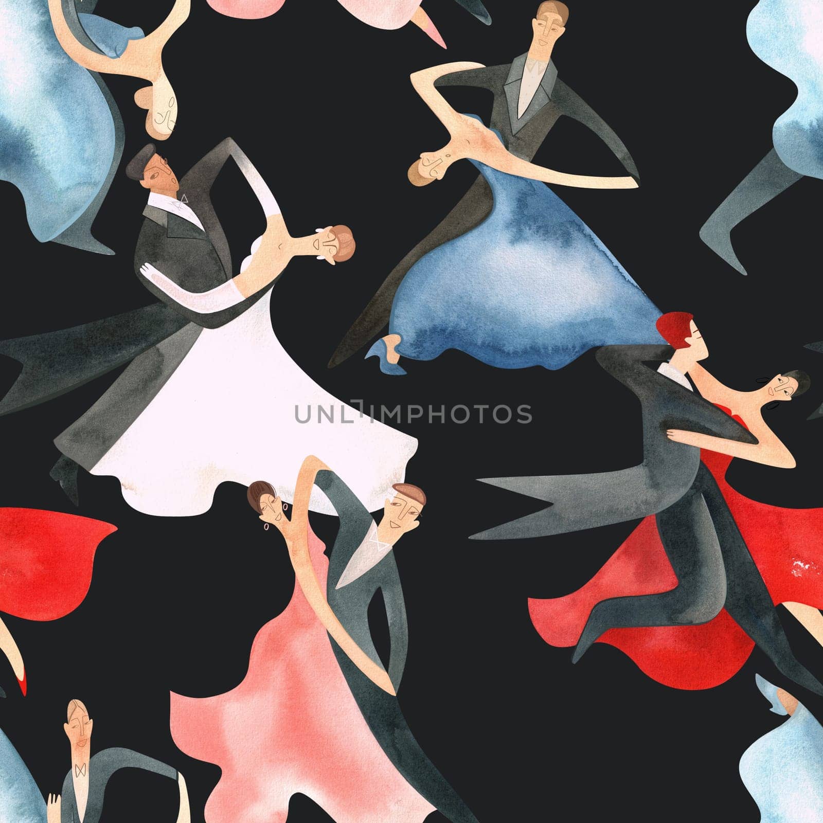 Ballroom dancing, standard. Adult couples on the parquet. Isolated watercolor illustration. Seamless pattern. Black background.