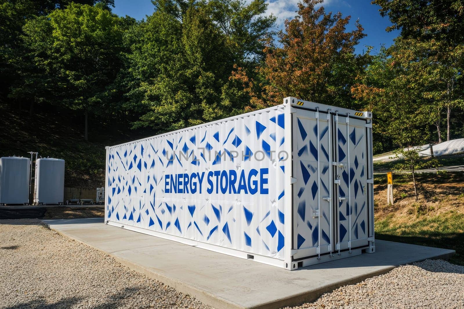 Concept of Modern energy storage batteries system, wind power, wind turbines and Li-ion battery container, and solar panels in the background. Panoramic view with copy space..